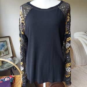 Free people large black henley embroidery long sleeves yellow